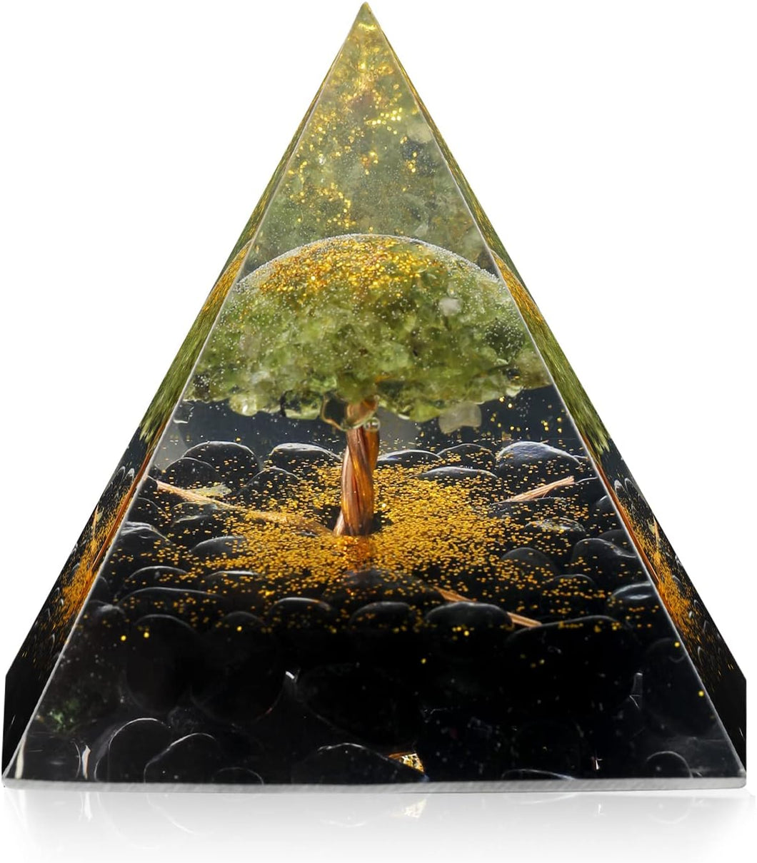 OrgoneVivid Tree of Life Orgonite Pyramid for Positive Energy Peridot with Obsidian Quartz