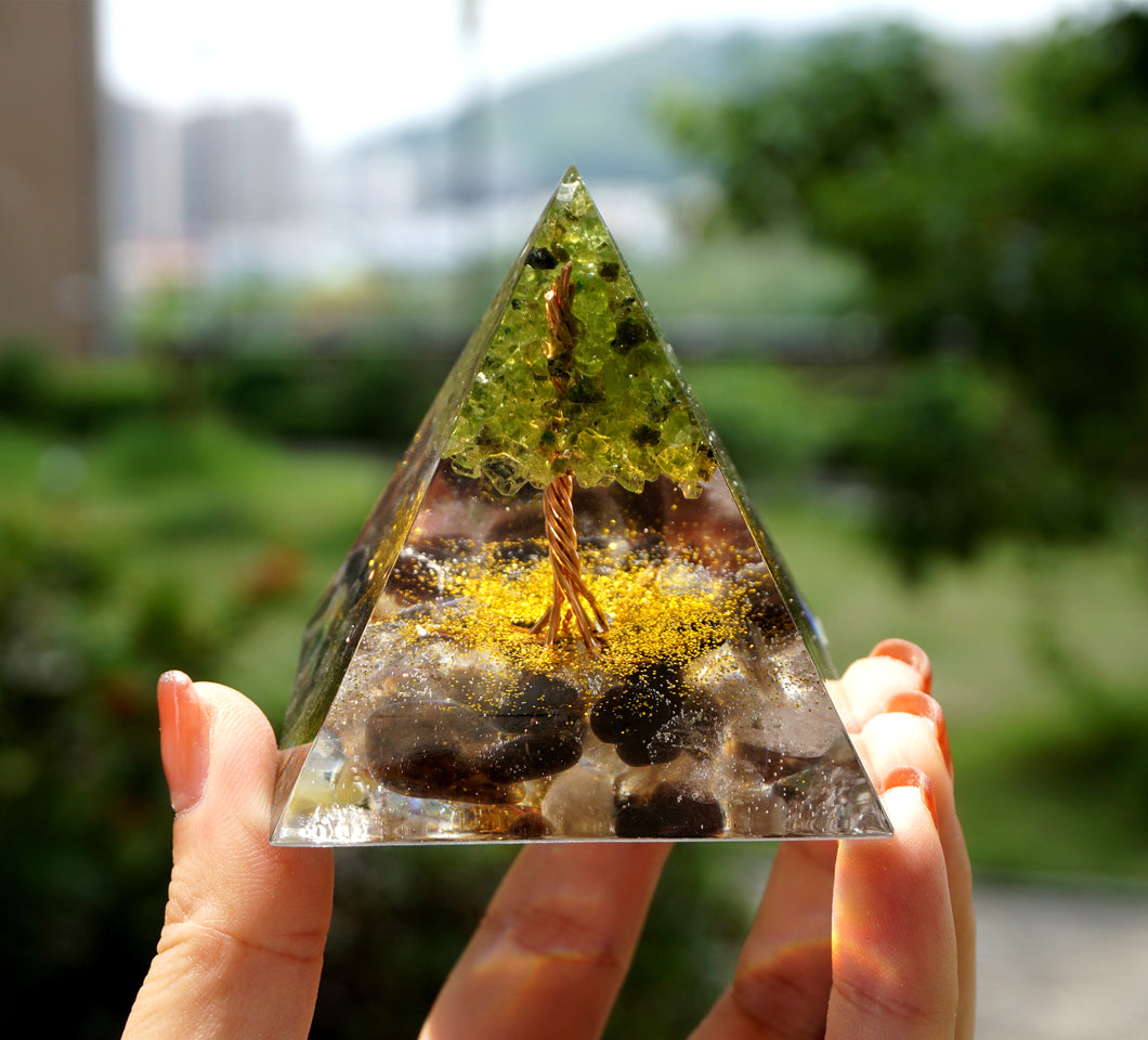 Tree Of Life Orgonite Peridot with Smoky Natural Stone Pyramid