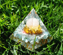 Load image into Gallery viewer, Flower Of Life Orgone Pyramid Rose Quartz Crystal Sphere With Aquamarine Quartz
