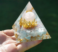 Load image into Gallery viewer, Flower Of Life Orgone Pyramid Rose Quartz Crystal Sphere With Aquamarine Quartz
