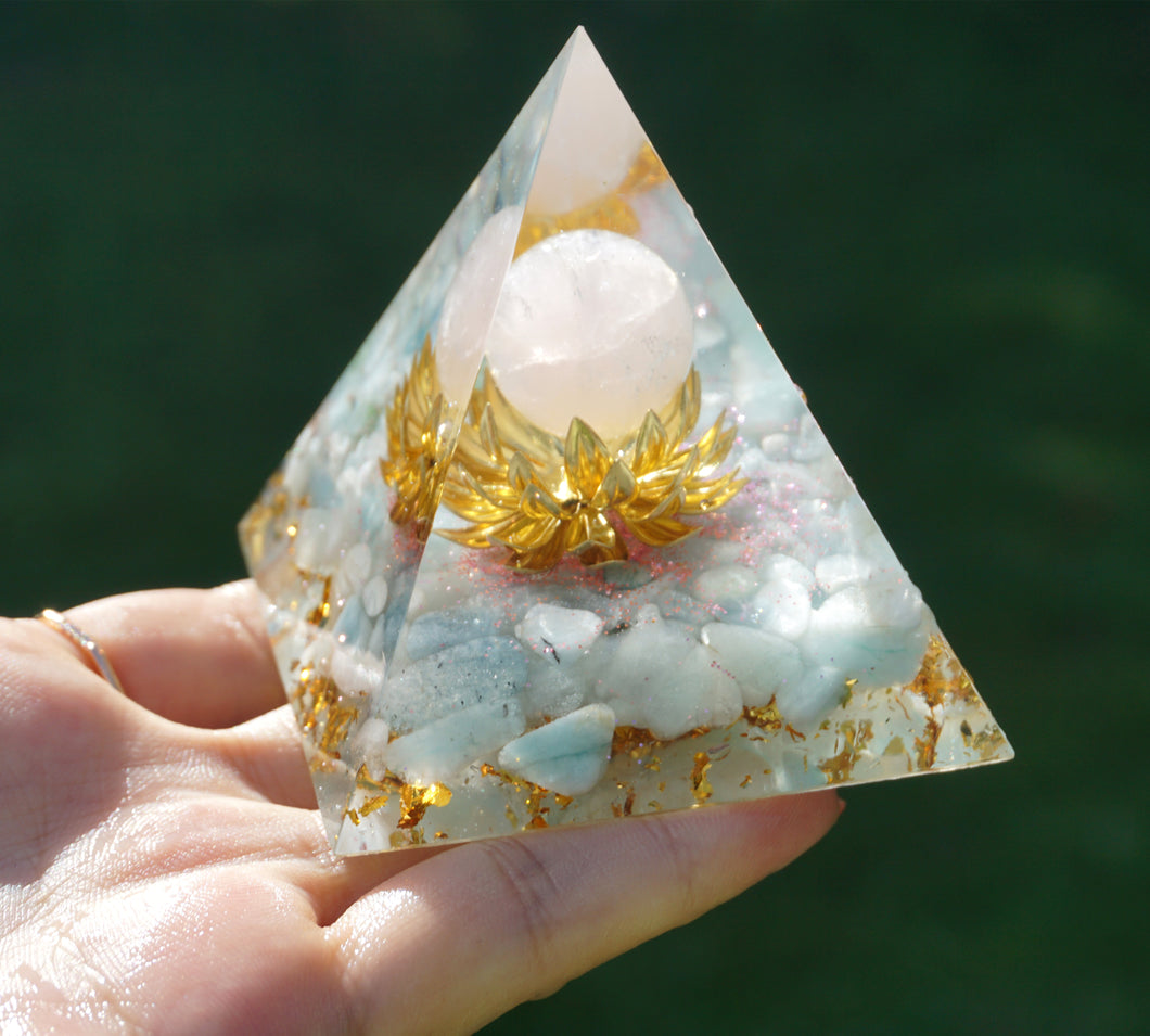 Flower Of Life Orgone Pyramid Rose Quartz Crystal Sphere With Aquamarine Quartz