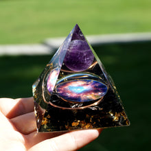Load image into Gallery viewer, Galaxy Series Orgonite Pyramid Amethyst Crystal Sphere with Obsidian Aluminum Shavings
