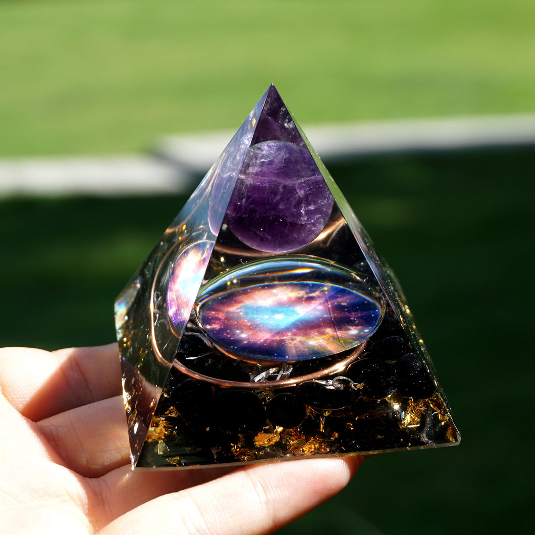 Galaxy Series Orgonite Pyramid Amethyst Crystal Sphere with Obsidian Aluminum Shavings